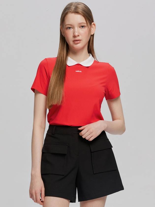 여성 골지 요꼬 배색 자수 반팔 카라넥 티셔츠 RED