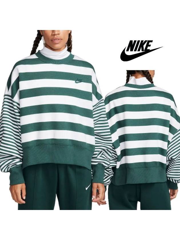 나이키 여성 피닉스 플리스 스트라이프 롱슬리브 탑 스웨터 그린 심플 맨투맨