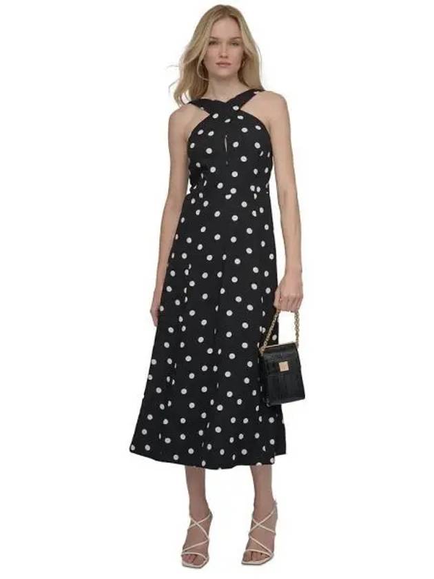 우먼 DKNY 디케이앤와이 폴카 도트 Crisscross 할터 미디 드레스 원피스 블랙 아이보리 멀티 10489071