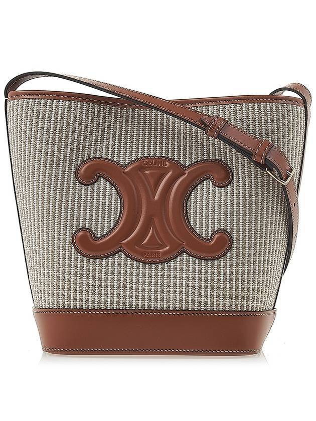 셀린느 퀴르 트리옹프 스트라이프 텍스타일 카프스킨 버킷 백 베이지