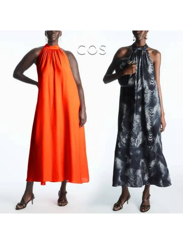 코스 러플 A라인 넥홀더 맥시 드레스 원피스 오렌지 네이비