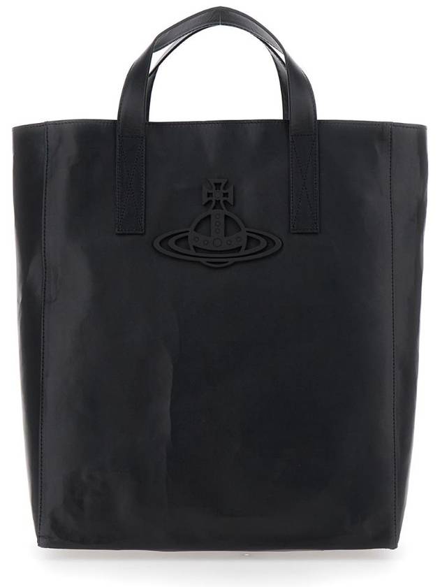 VIVIENNE WESTWOOD 앞면에 오브 로고가 새겨진 & 39 사라& 39 블랙 중형 토트백 가죽 소재 4D02000BUL00ANN401