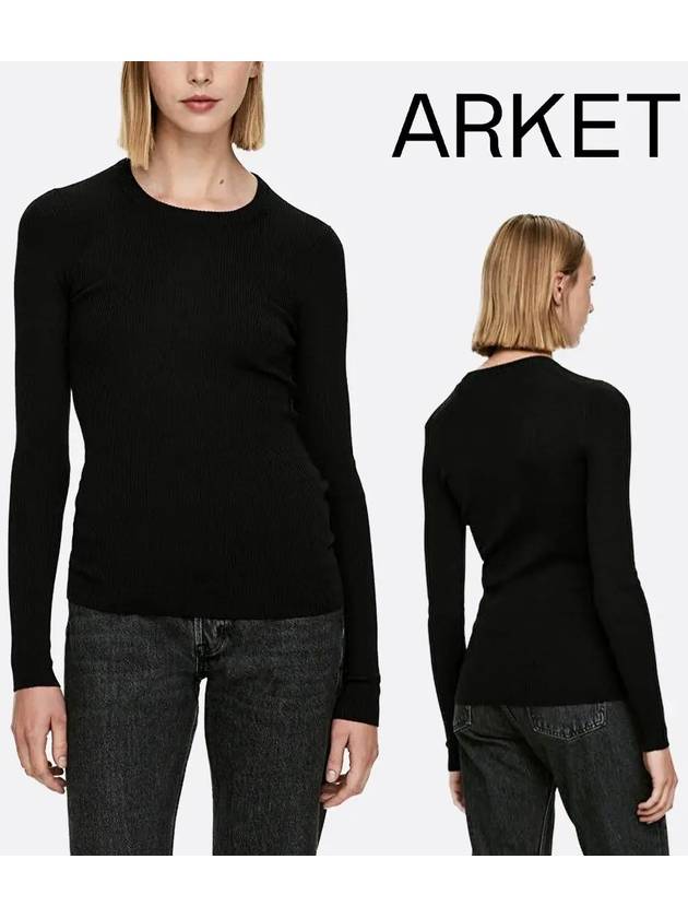 아르켓 맨투맨 여성 골지 메리노울 탑 티셔츠 블랙