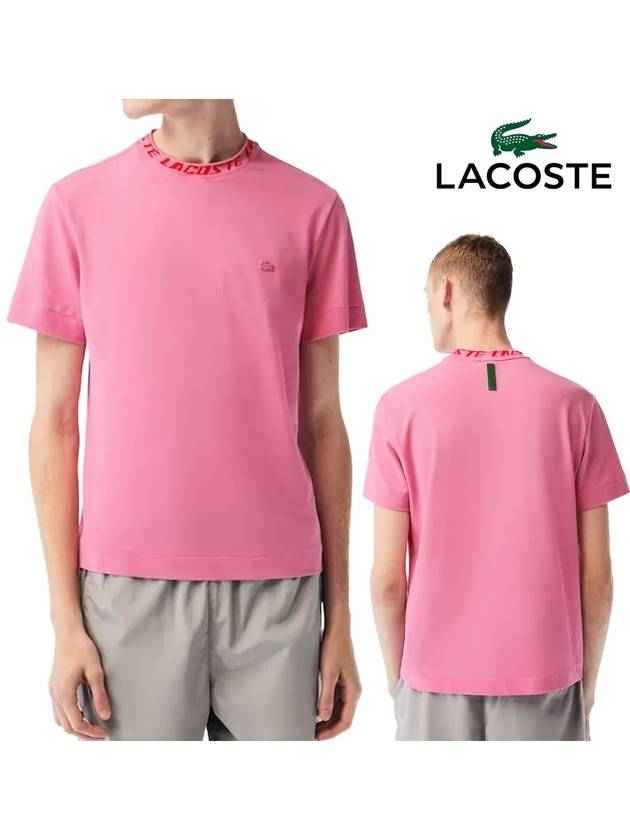 라코스테 넥브랜드 레귤러핏 탑 반팔티셔츠 핑크