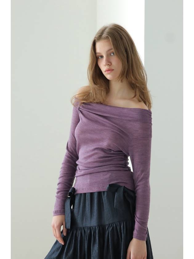 24FW 까이지엔느 오프 숄더 셔링 스트레치 저지 티셔츠_퍼플