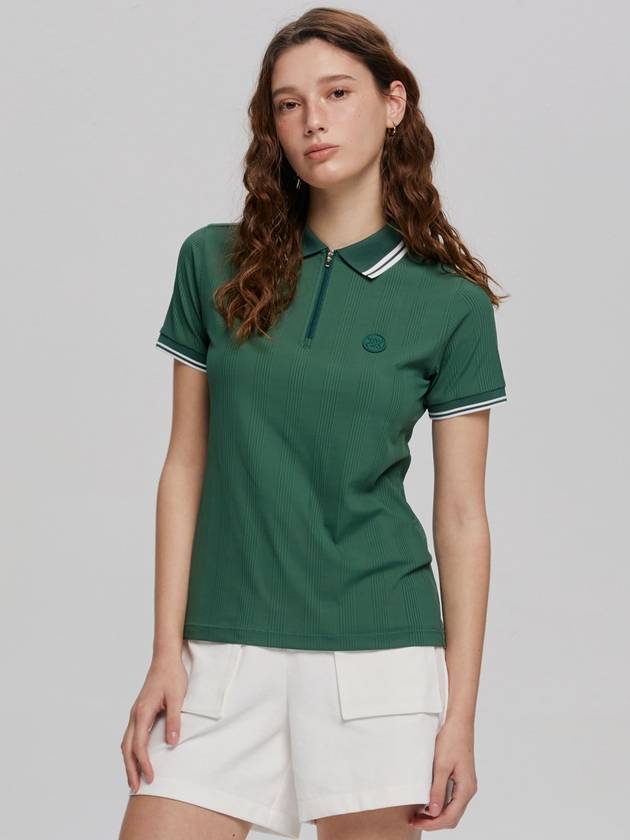 여성 골지 반팔 카라 하프 집업 티셔츠 GREEN