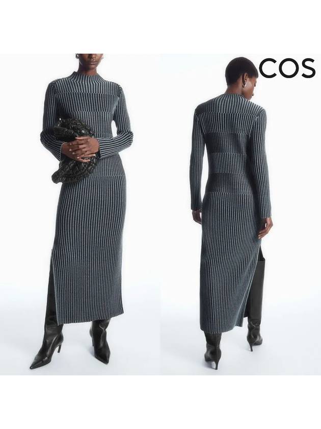 코스 스트라이프 골지 니트 스쿠버 드레스 원피스 블루