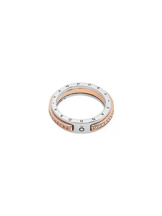 W 판도라 시그니쳐 투톤 로 & 파베 링 스털링 실버 로즈 골드 플래팅 클리어 W Pandora Signature Two Tone Logo & Pave Ring Sterling Silver Rose Gold Plated Clear