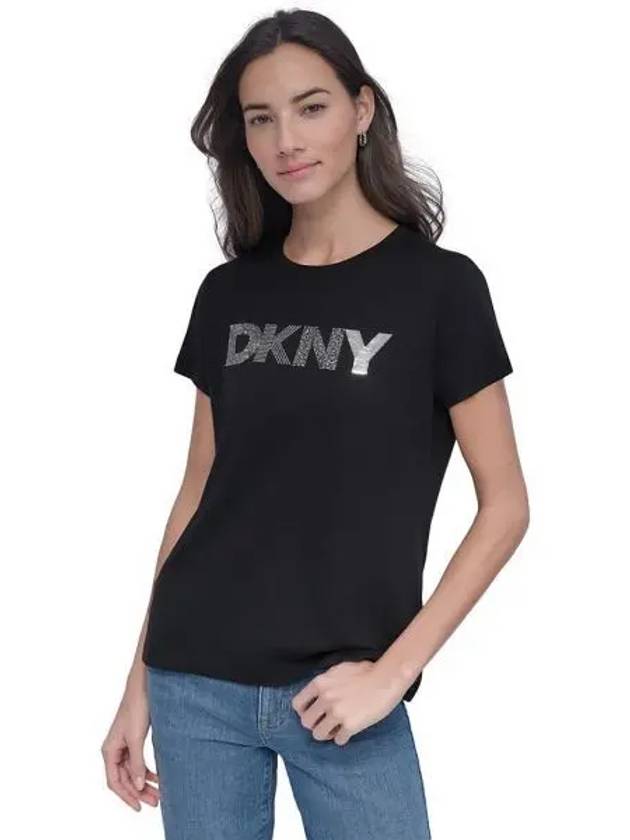 우먼 DKNY 디케이앤와이 진 엠벨리시드 로고 티셔츠 Bsv 블랙 실버 10363868