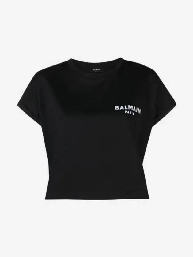 W 발망 발망 로고 프린트 에코 리스폰시블 크롭 코튼 티셔츠 블랙 W Balmain Eco Responsible Cropped Cotton T Shirt with Balmain Logo Print Black