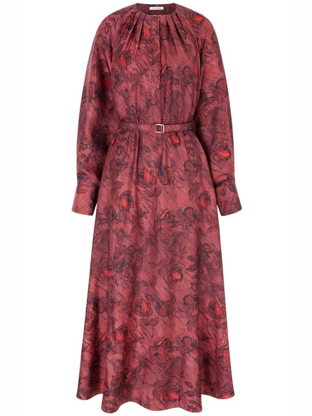 BAHITI DRESS IN RED ROSES ON MARBLE PRINT SILK TWILL