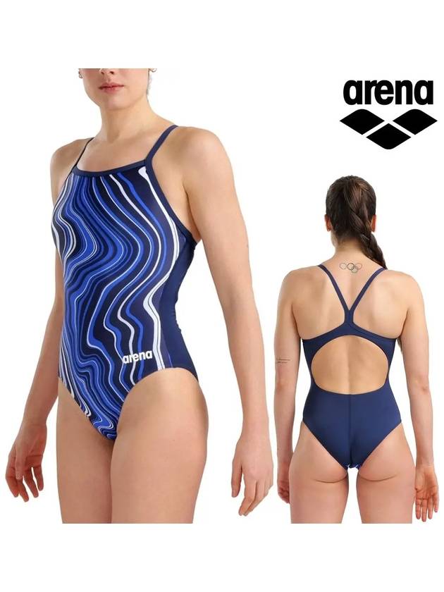 아레나 수영복 여성 마블 라이트드롭백 원피스 네이비멀티