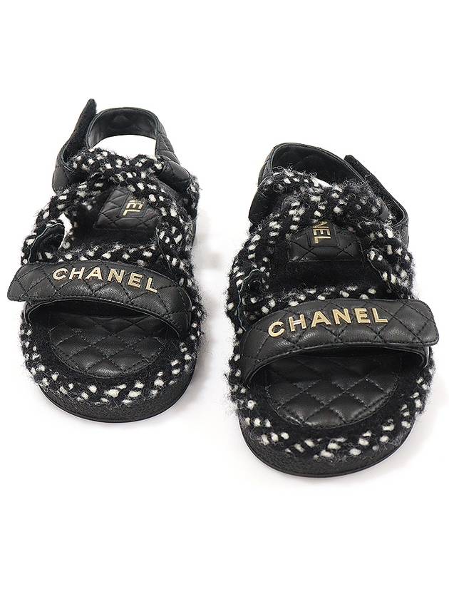 Chanel 샤넬 G34602 블랙 화이트 코드 램스킨 CC로고 로프 벨크로 스트랩 여성 샌들 36C