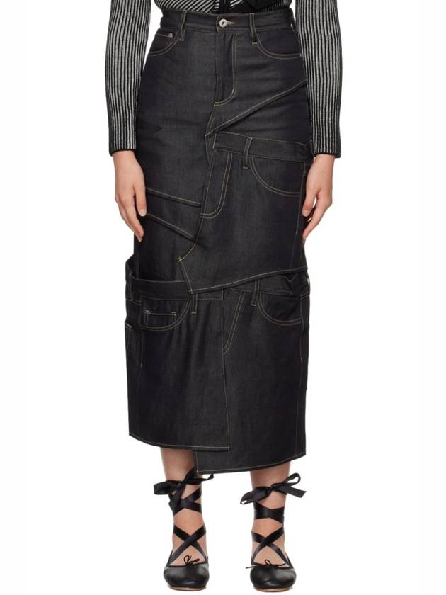 네이비 패널 데님 미디 스커트 Navy Paneled Denim Midi Skirt