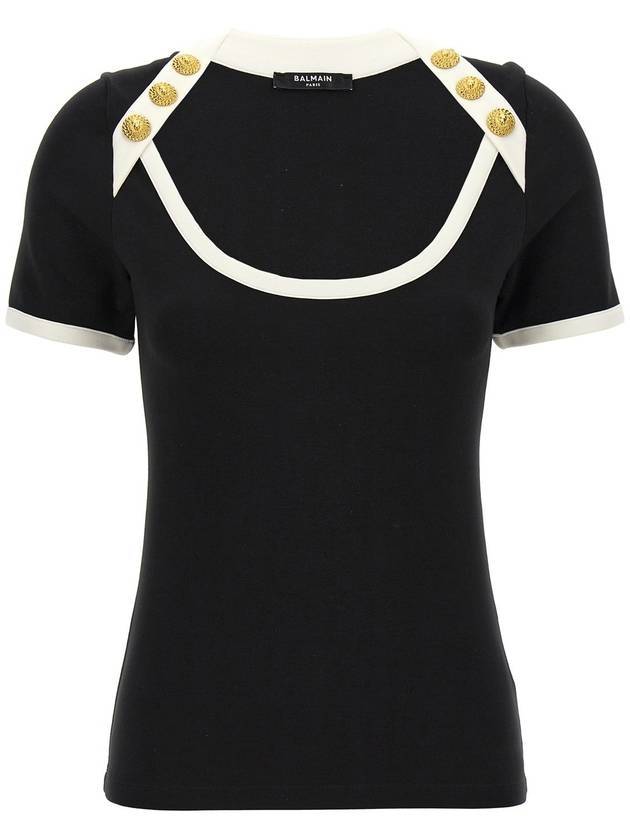 발망 버튼 디테일 투톤 반팔 티셔츠 블랙