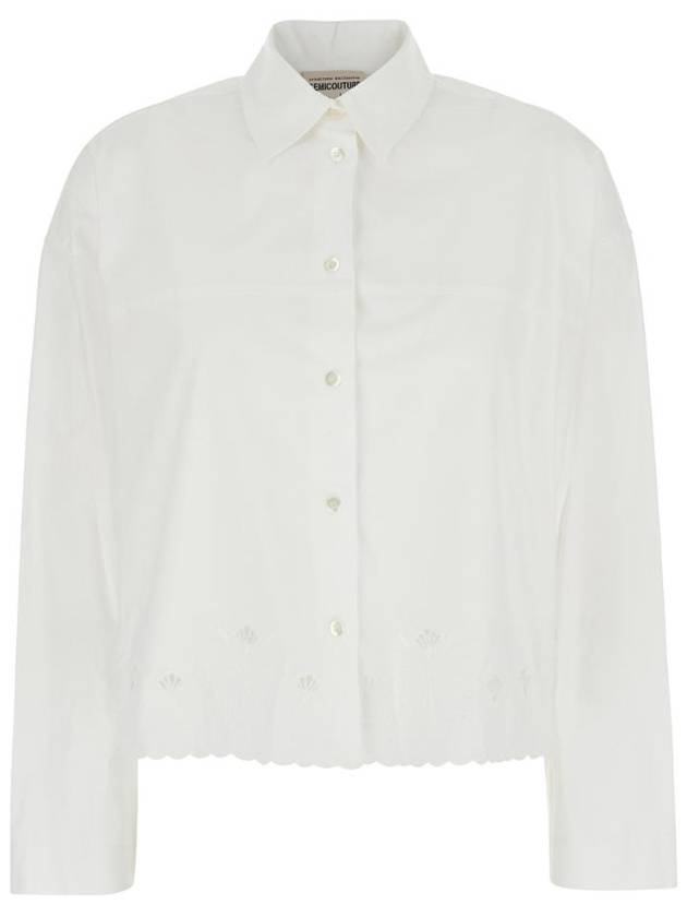 세미쿠튀르 레이스 자수와 클래식 칼라가 있는 코튼 여성용 화이트 셔츠 Y5SK53A010