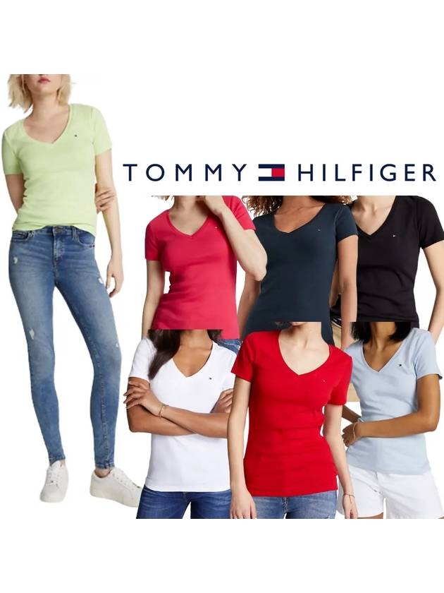 타미힐피거 여성 로고 페이버릿 브이넥 탑 반팔티셔츠 7컬러